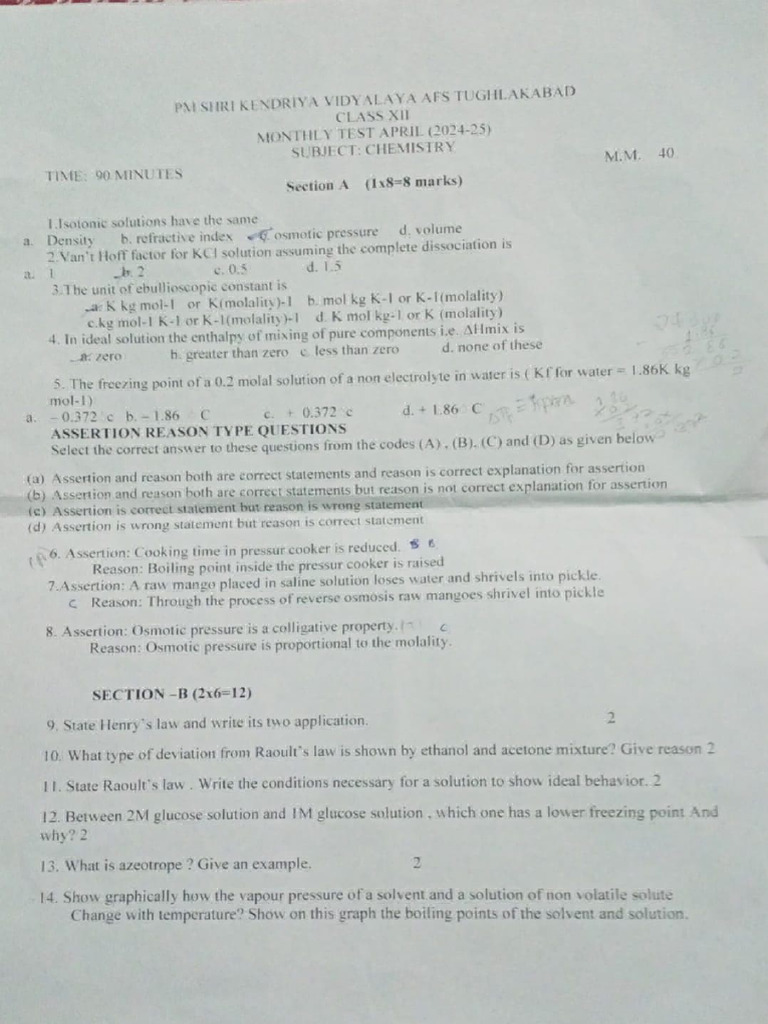 Monthly test april of chemistry class 12 pdf