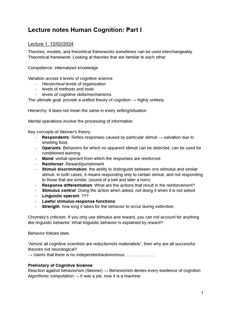 Part I - Lecture Notes Human Cognition | PDF