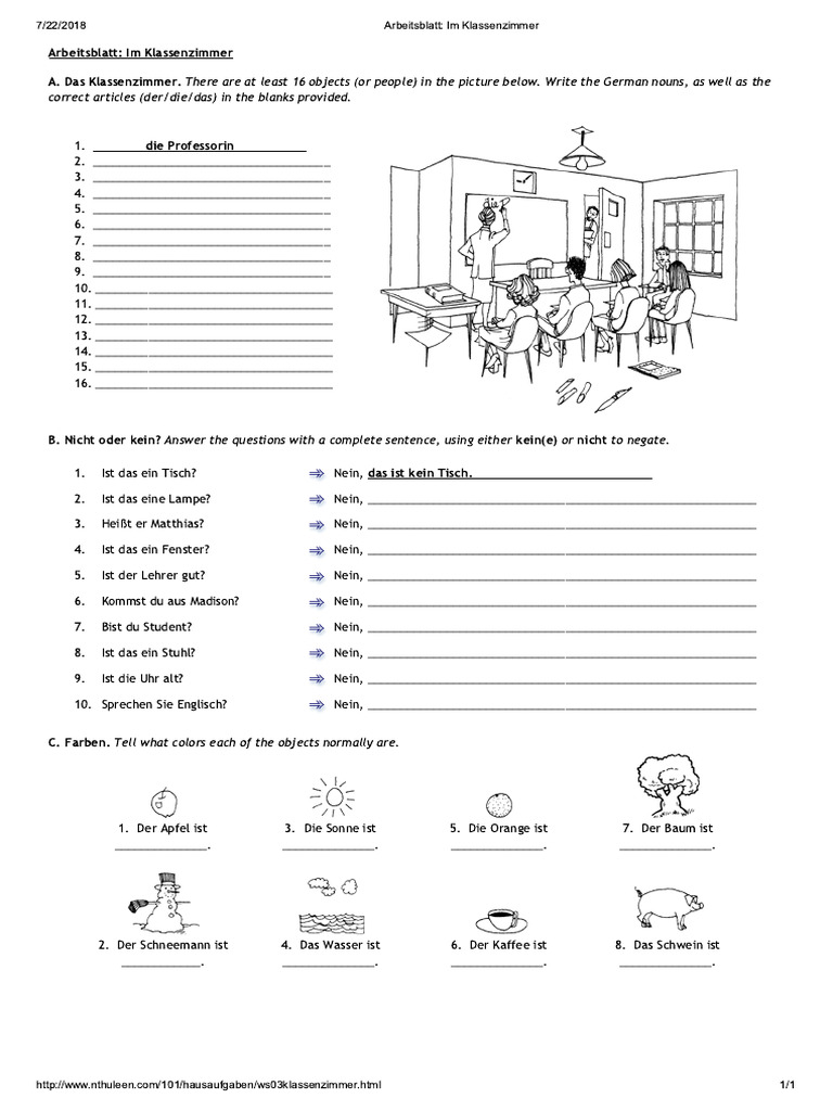 Arbeitsblatt - Im Klassenzimmer | PDF