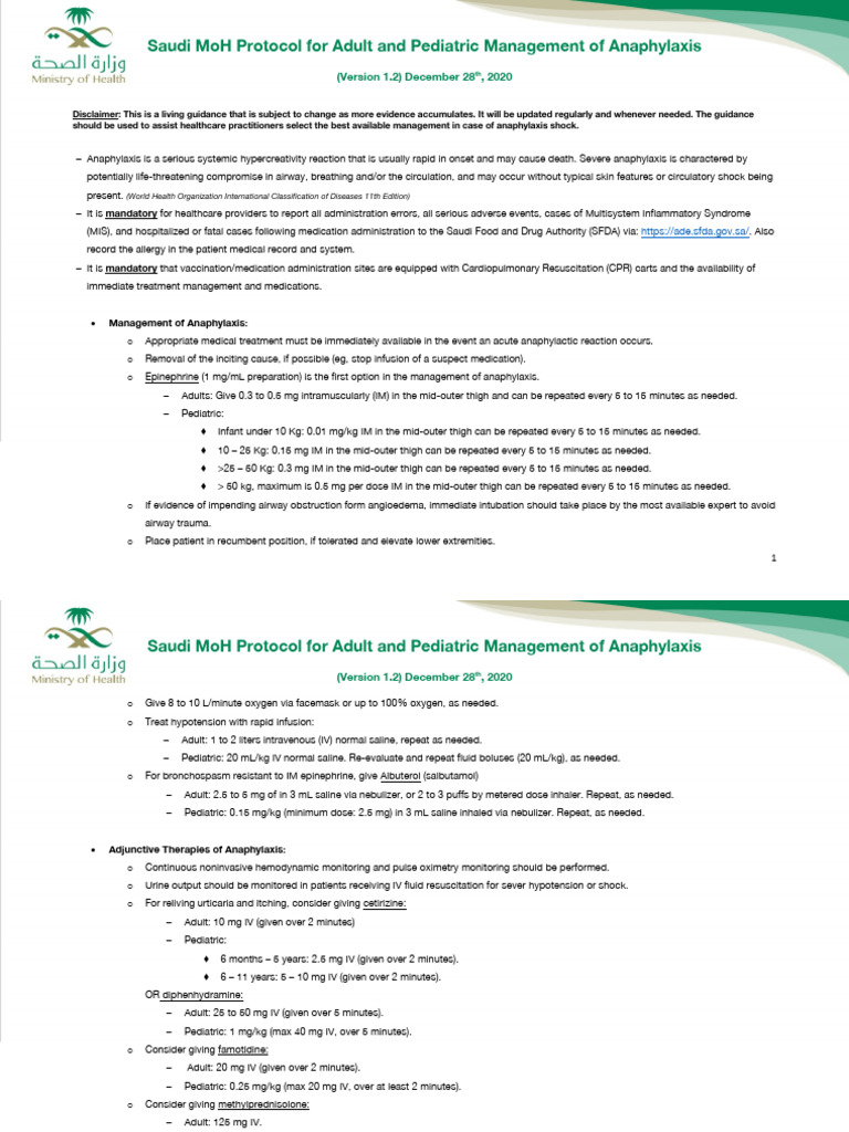 Saudi MoH Protocol For Management of Anaphylaxis - V1.2 | PDF