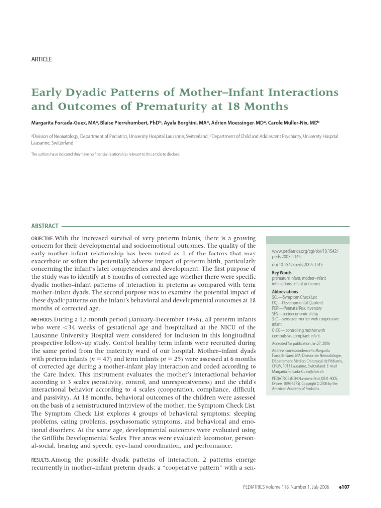 Early Dyadic Patterns of Mother-Infant Interactions and Outcomes of ...