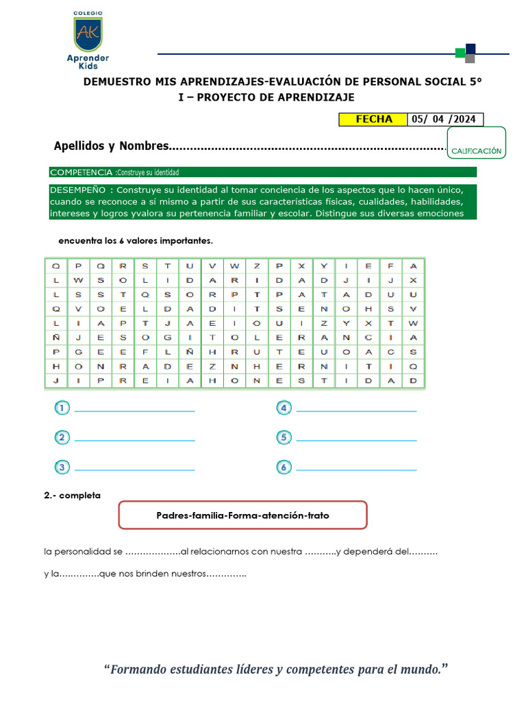 04-04 Evaluación de Personal Social Quinto Grado I Proy.2024 | PDF