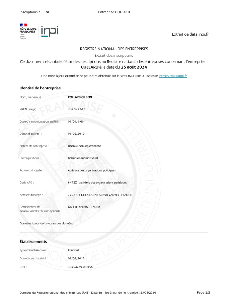 Extrait RNE de l'entreprise COLLARD | PDF