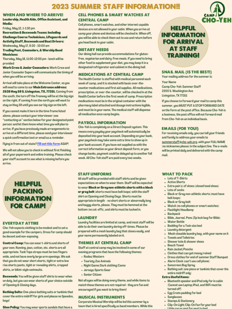 2023 Summer Staff Information | PDF