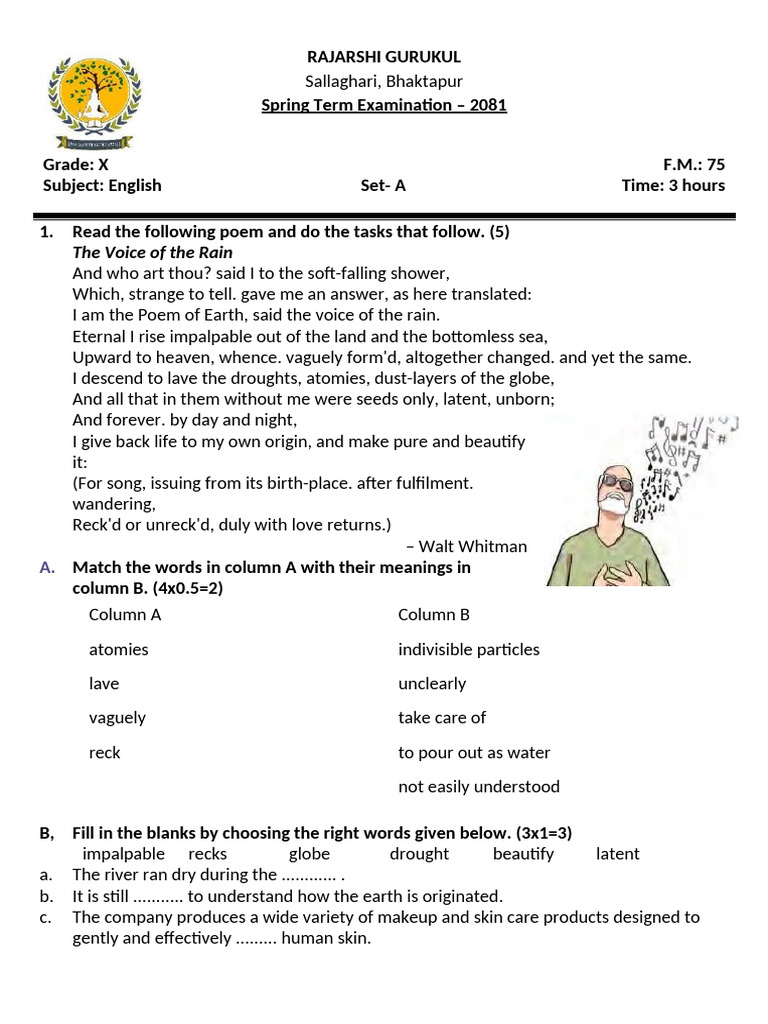 Grade X English Exam Paper 2081 | PDF | Happiness | Language Arts ...