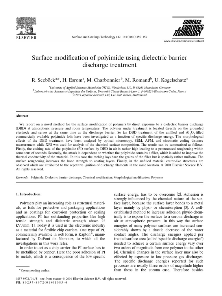 2001 Surface Modification of Polyimide Using DBD | PDF | Atomic Force ...