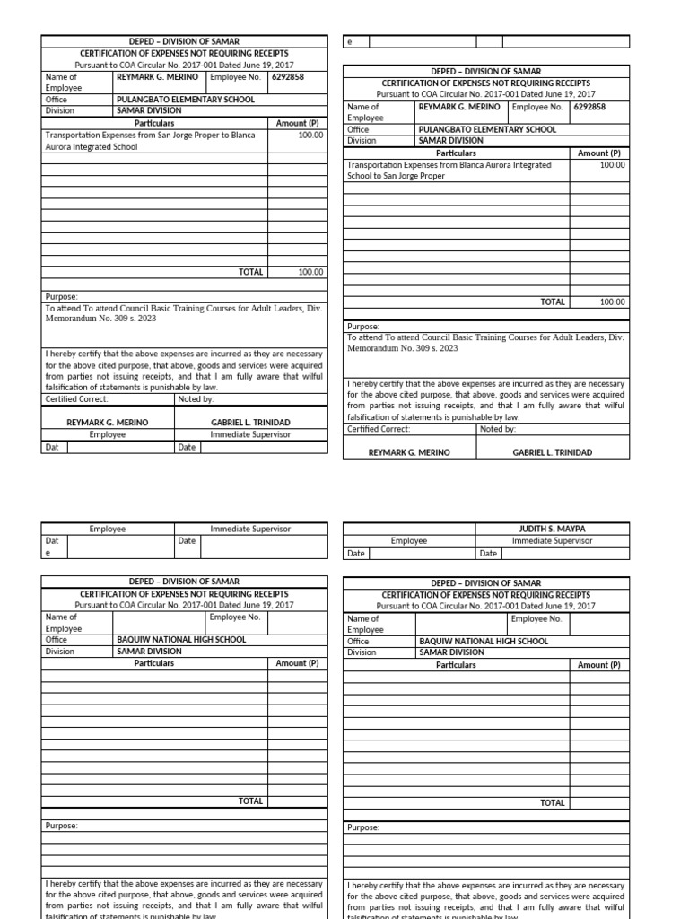 Certification of Expenses Not Requiring Receipts | PDF