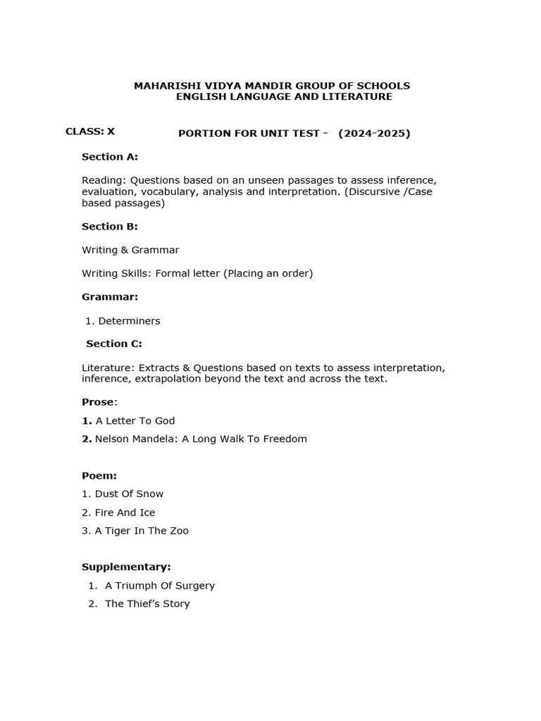 Maharishi Vidya Mandir Group of Schools English Language and Literature ...