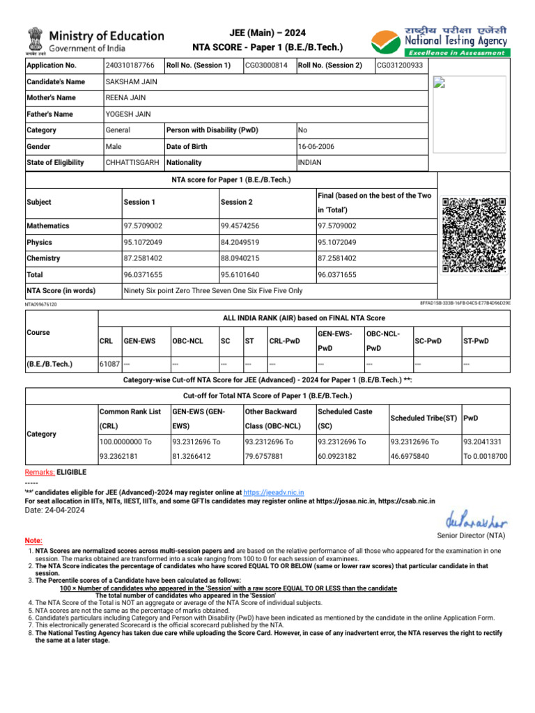 JEE Main 2024 NTA Scorecard for Saksham Jain | PDF | Tests | Qualifications