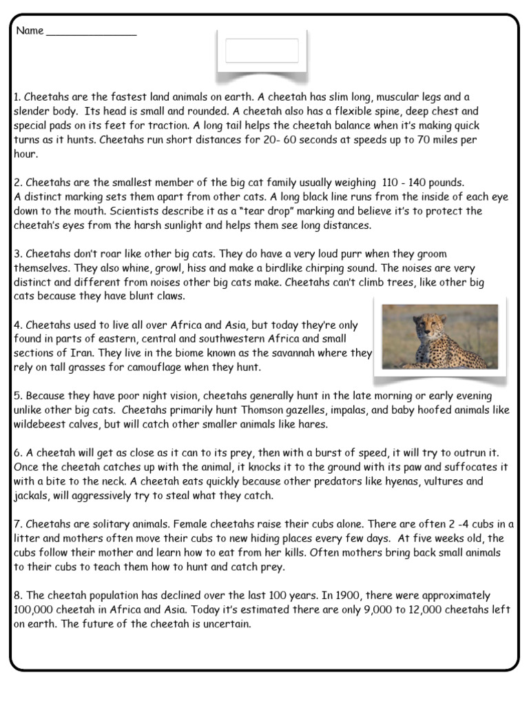 Grade 5 ELA Day 7 Cheetah Article 1 | PDF