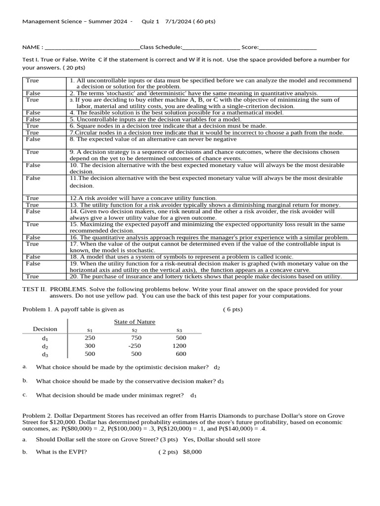 Management Science Quiz 1 Solution | PDF | Utility | Technology ...