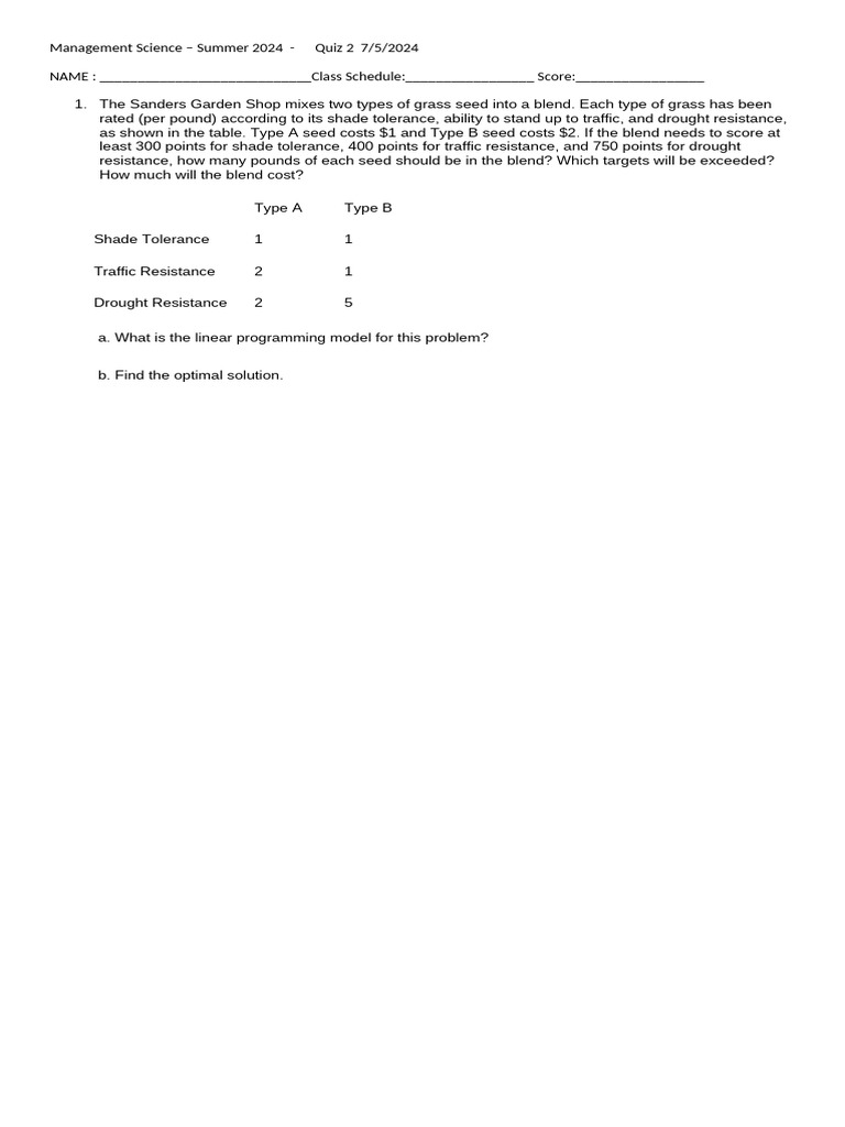 Management Science Quiz 2 Overview | PDF | Applied Mathematics ...