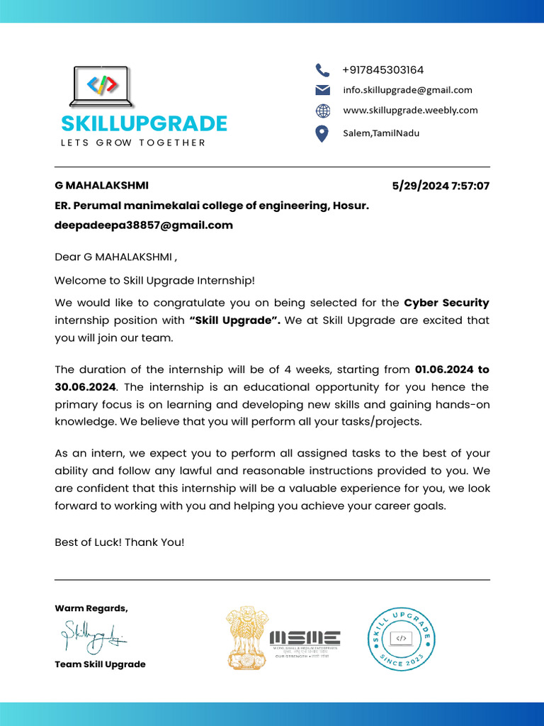 Internship Offer Letter From SkillUpgrade For Successful Selection | PDF