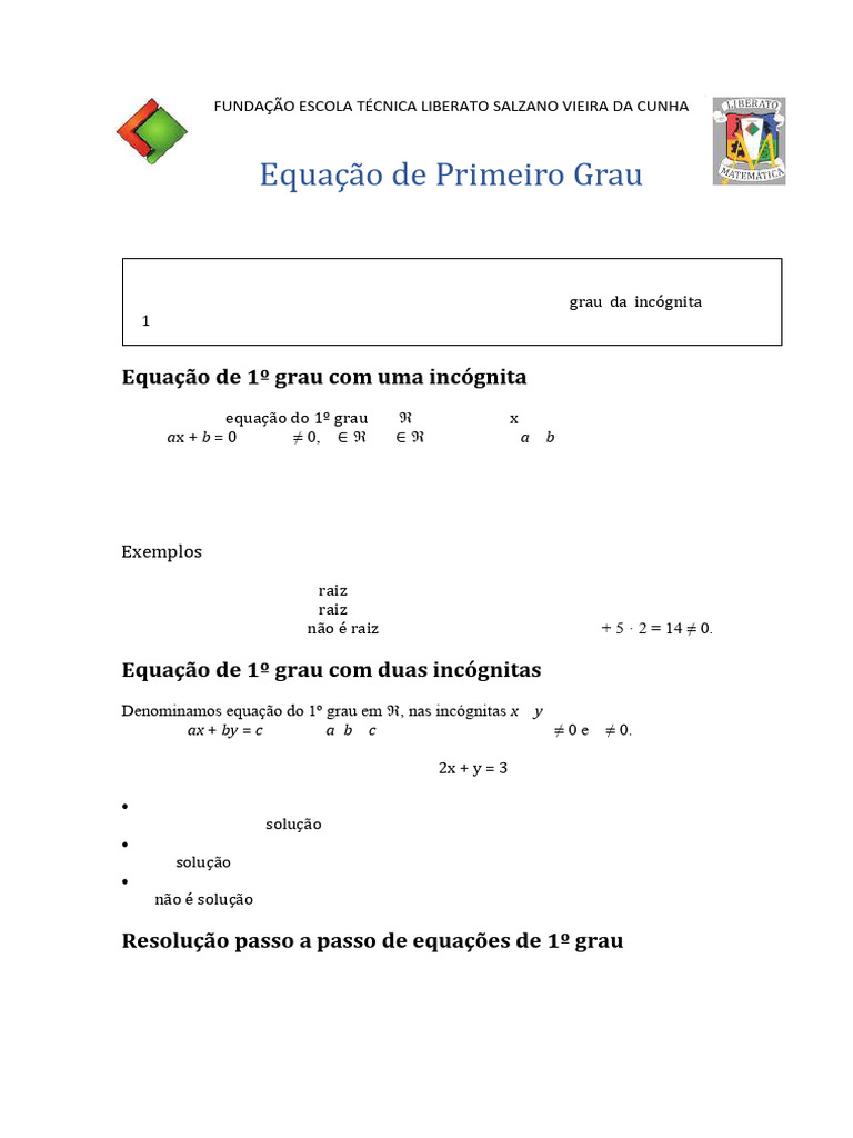 Equação de Primeiro Grau - Conteúdo | PDF | Equações | Artes ...