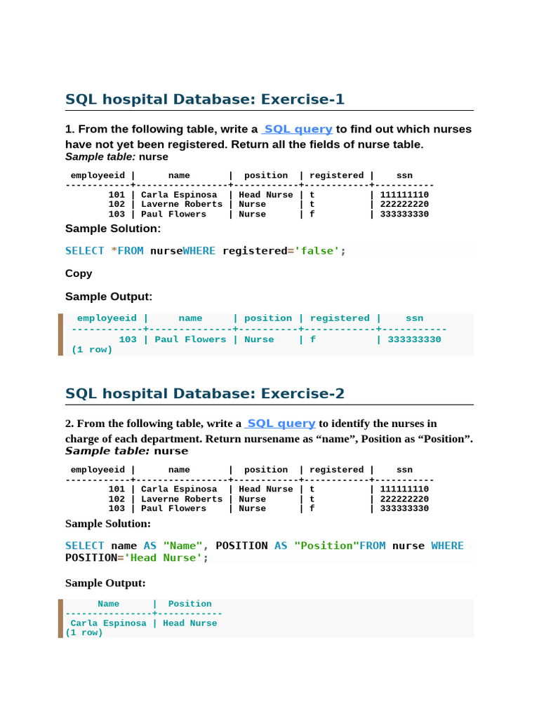 SQL Hospital Database: Exercise-1 | PDF