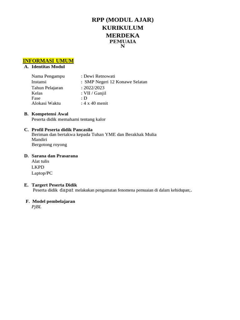 RPP (Modul Ajar) Kurikulum Merdeka: Informasi Umum | PDF