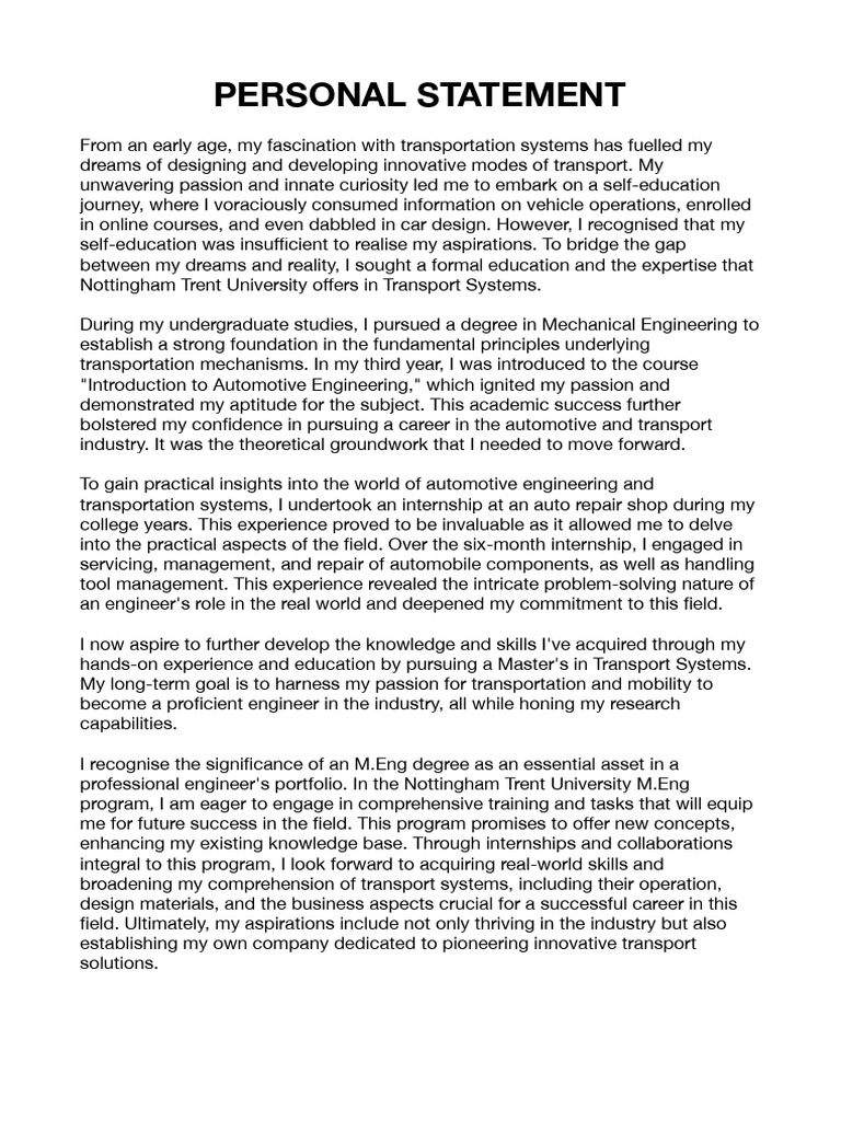 Personal Statement Transport Systems | PDF