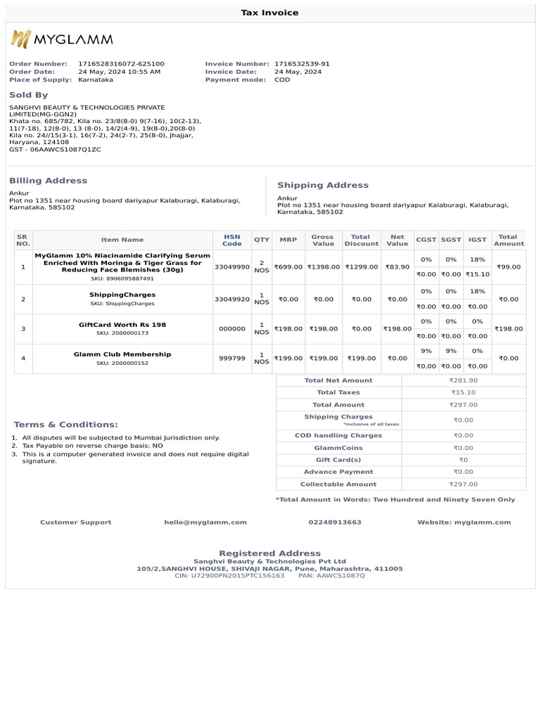 MyGlamm Invoice: Serum & Gift Card | PDF | Taxation | Government Finances