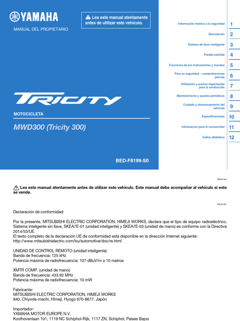 Manual del Propietario Yamaha Tricity 300 | PDF | Radio | Neumático