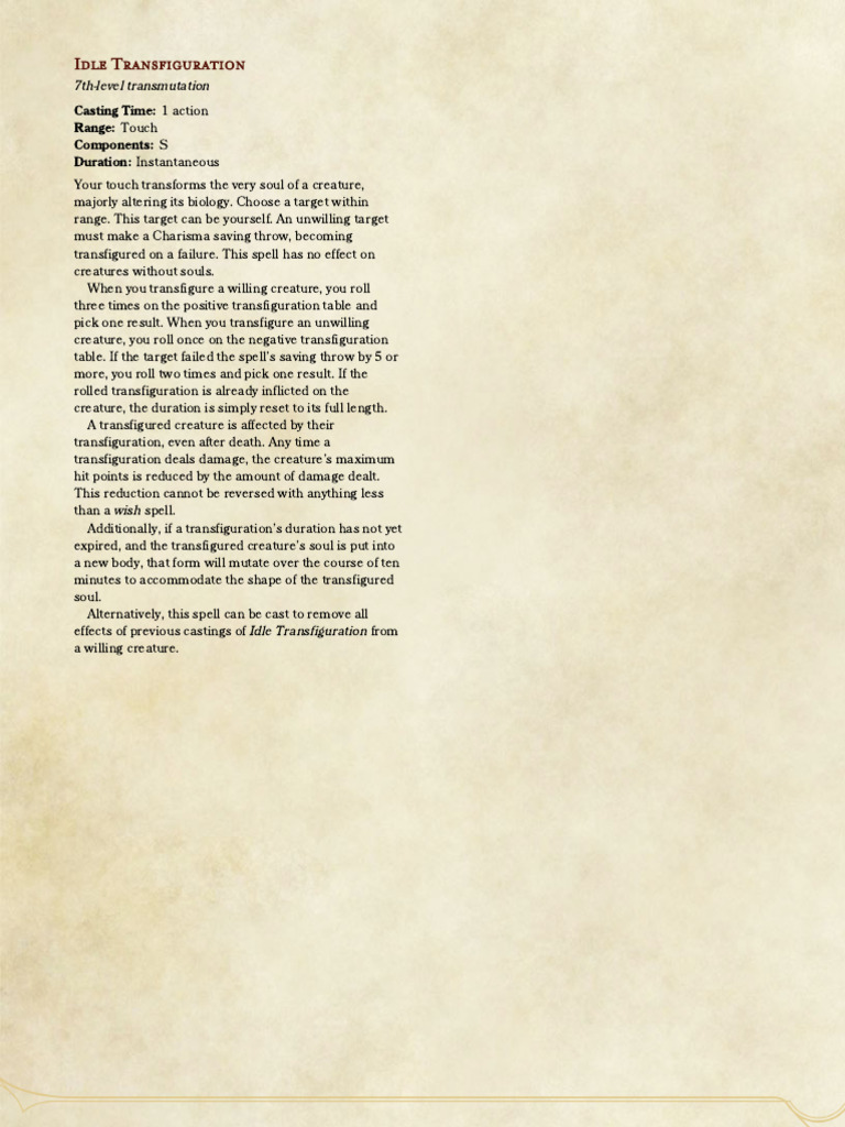 Idle Transfiguration Spell Guide | PDF