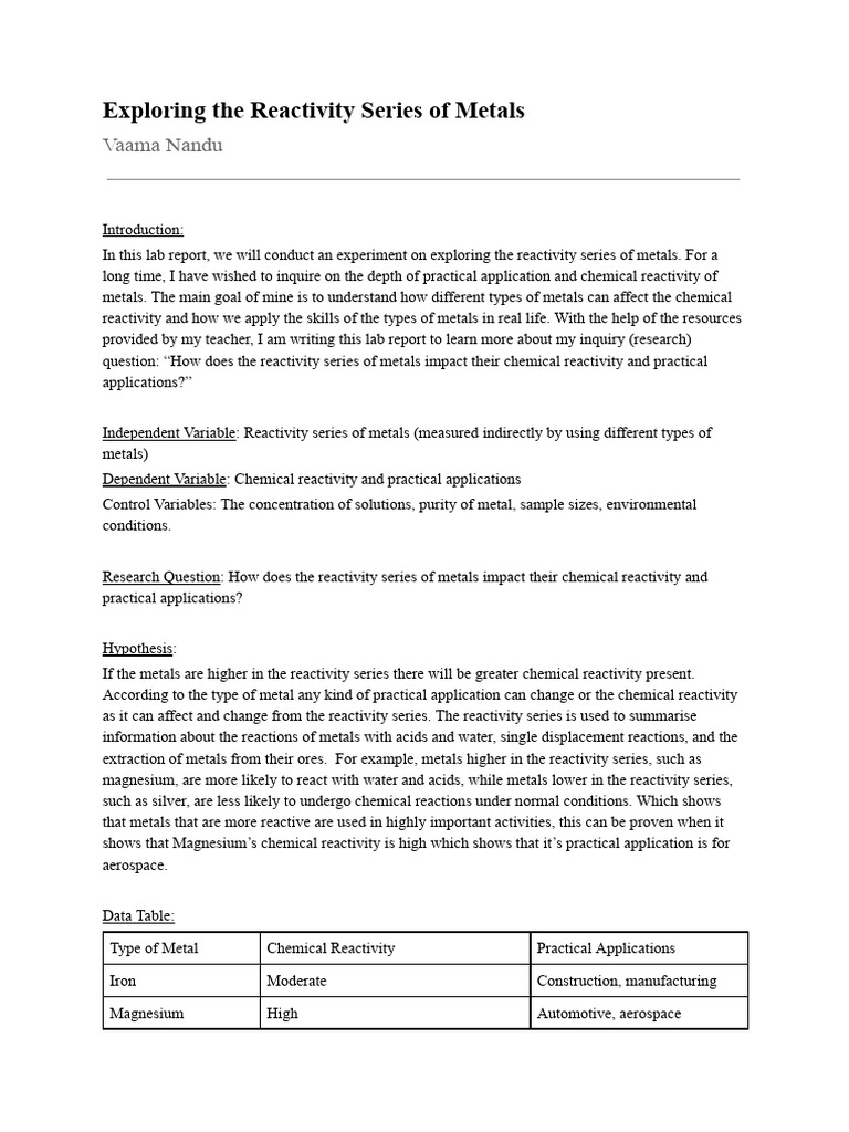 Exploring The Reactivity Series of Metals | PDF