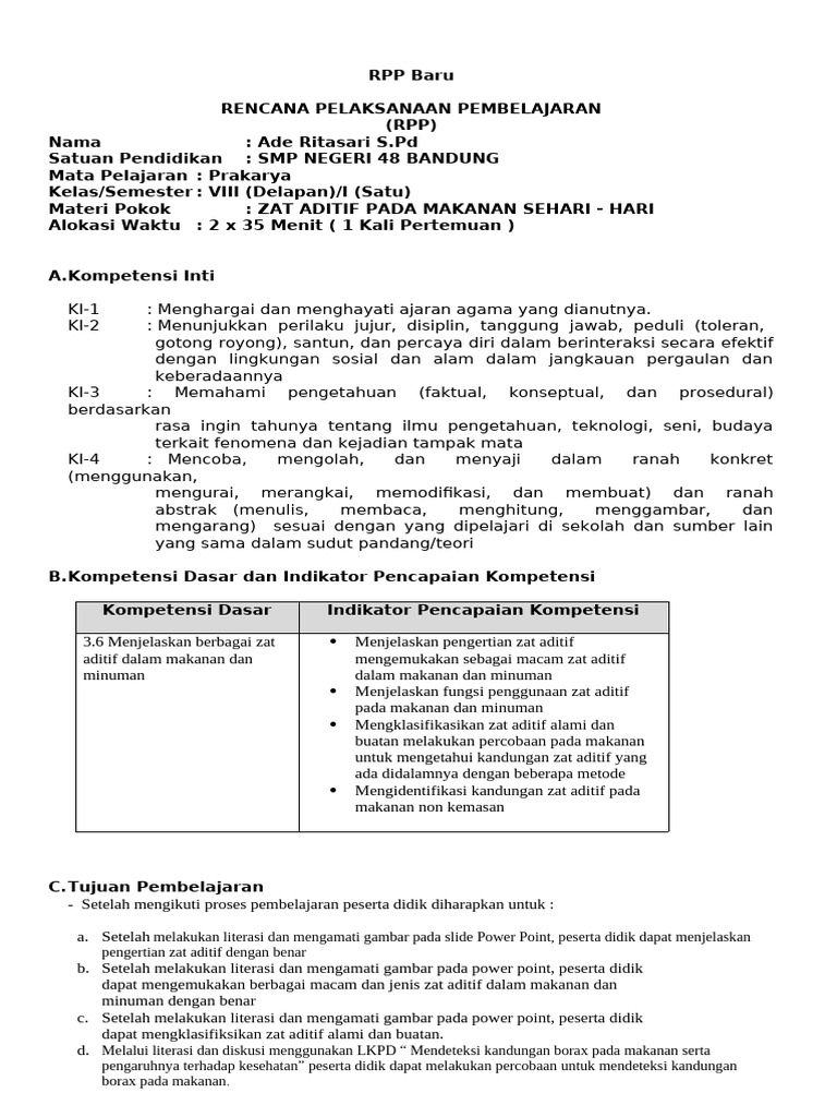 Format RPP PPG Zat Aditif Pada Makanan | PDF
