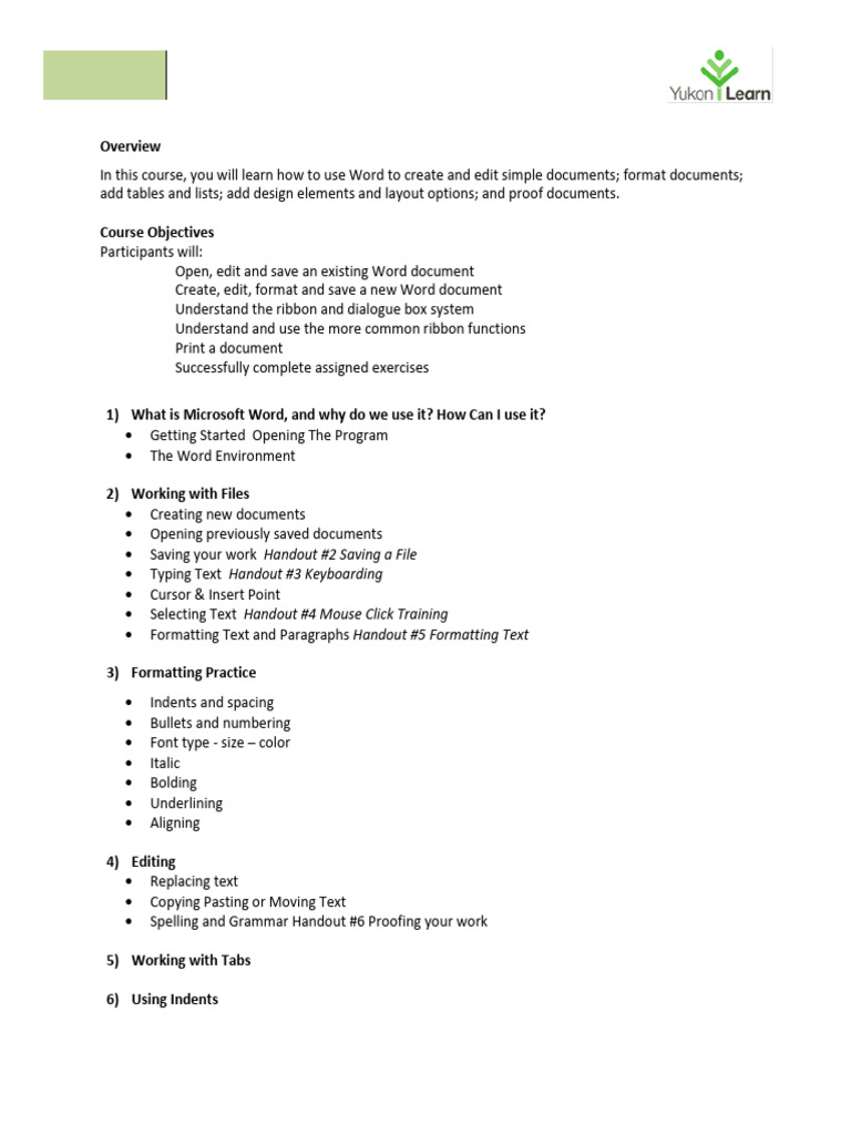 Introduction To Micosoft Word Course Outline | PDF