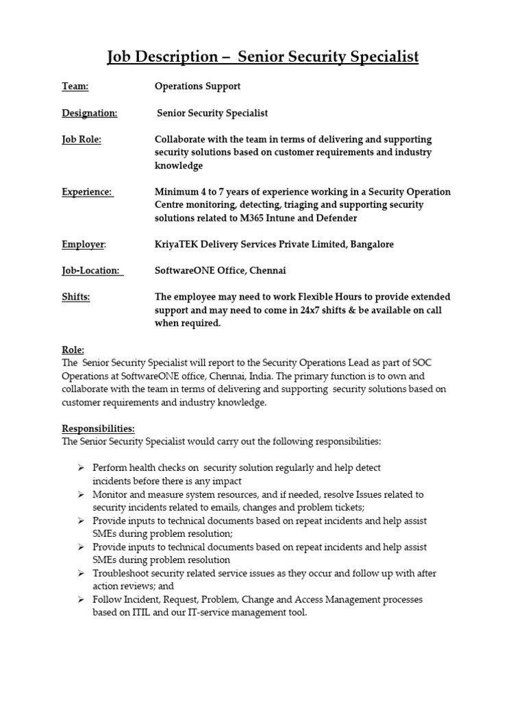 Senior Security Specialist Job Description | PDF | Computing | Business