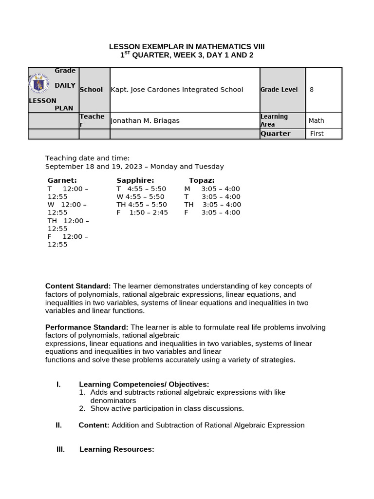 Grade 8 Math Lesson Plans: Week 3 | PDF | Equations | Language Arts ...