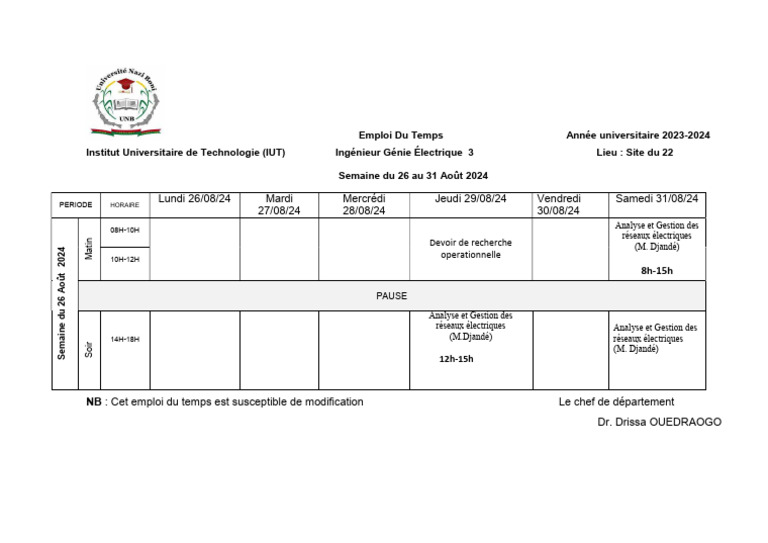 Emploi Du Temps de La Semaine Du 26 Août GE3 2024 | PDF