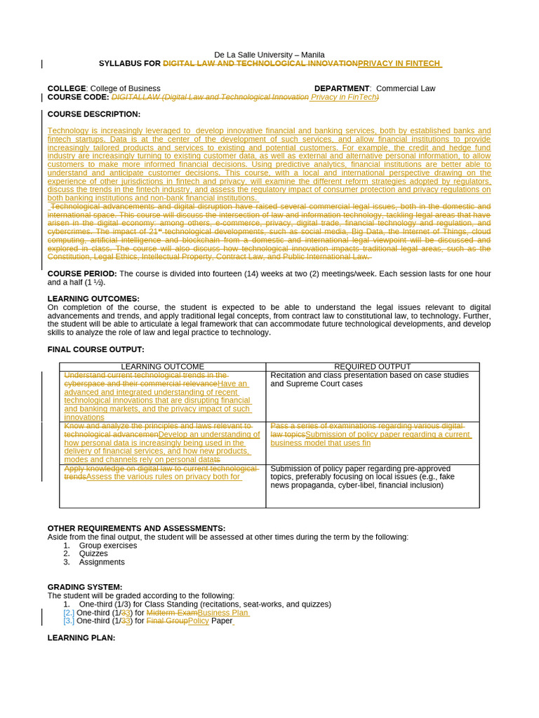 Privacy in FinTech Syllabus - Arvin Razon | PDF