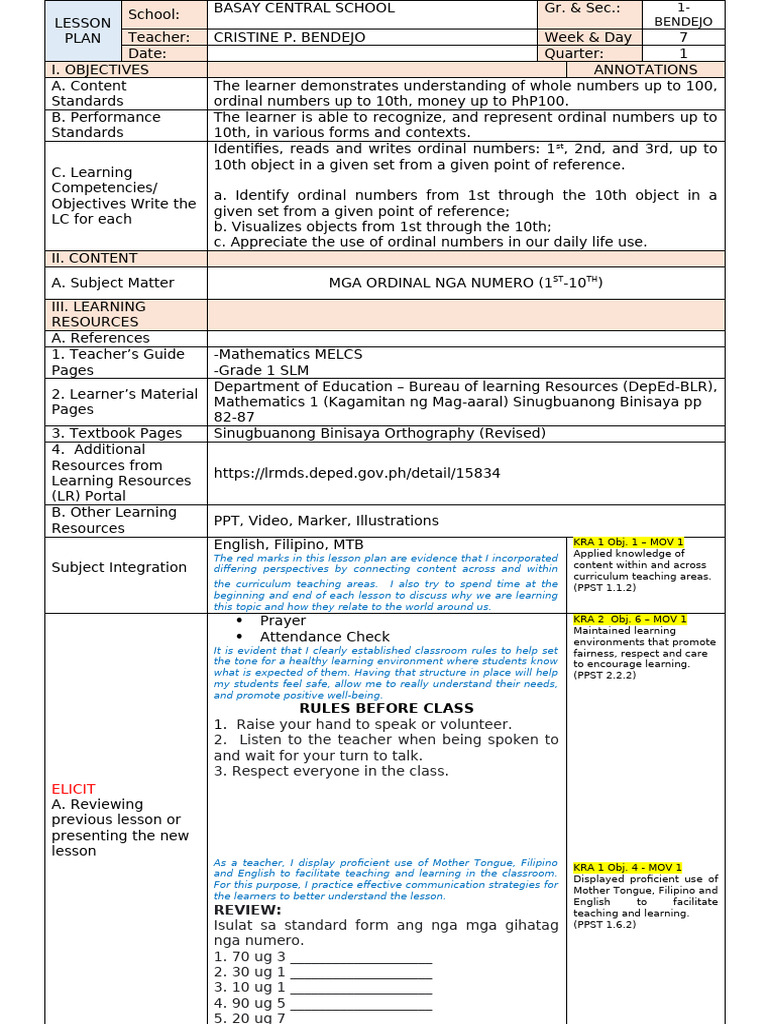 Grade 1 Lesson Plan: Ordinal Numbers | PDF | Learning | Teachers