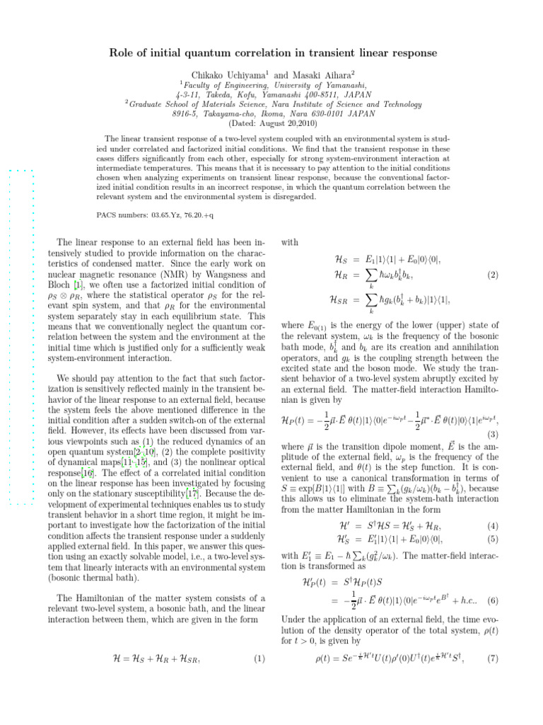 Role of Initial Quantum Correlation in Transient Linear Response | PDF