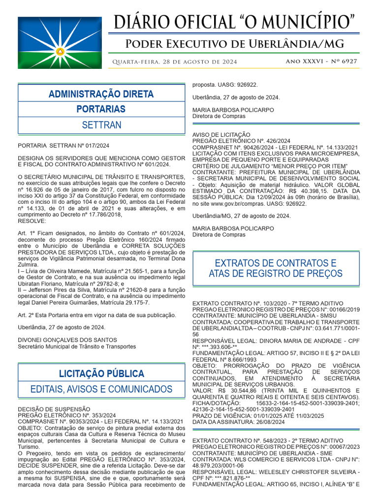 Diário Oficial "O Município": Poder Executivo de Uberlândia/MG | PDF