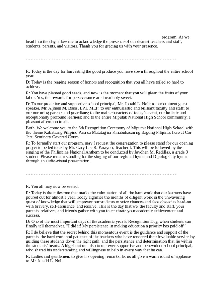 Script For Recognition Ceremony | PDF