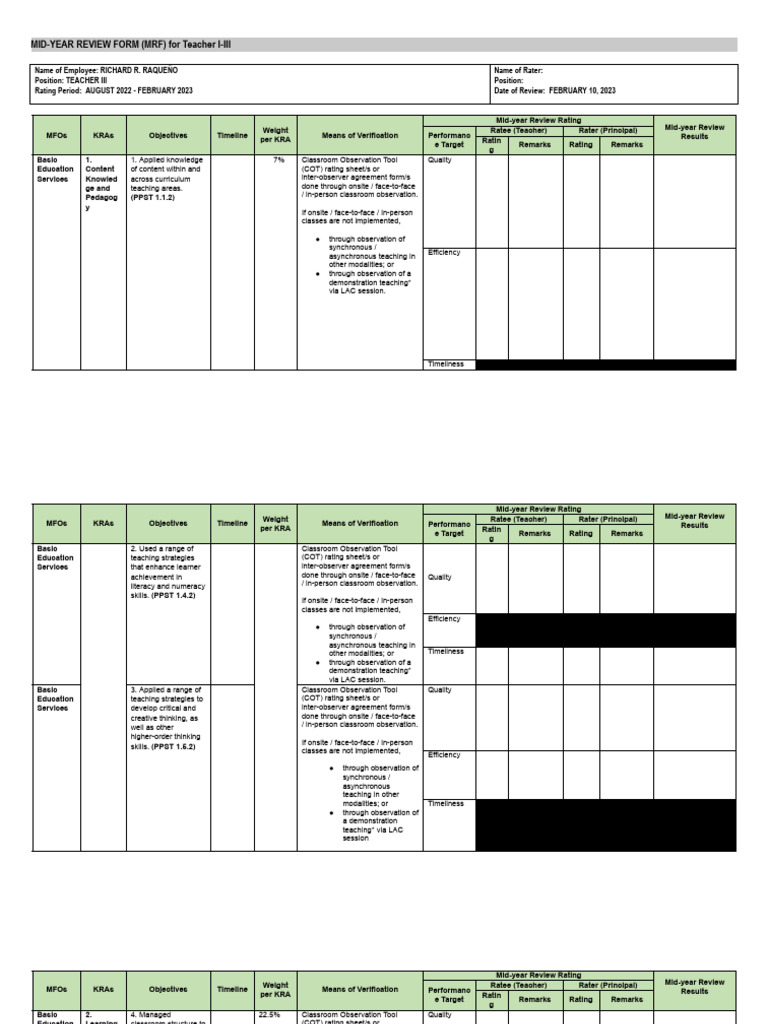 MID-YEAR REVIEW FORM (MRF) For Teacher I-III-2022-2023-Template | PDF