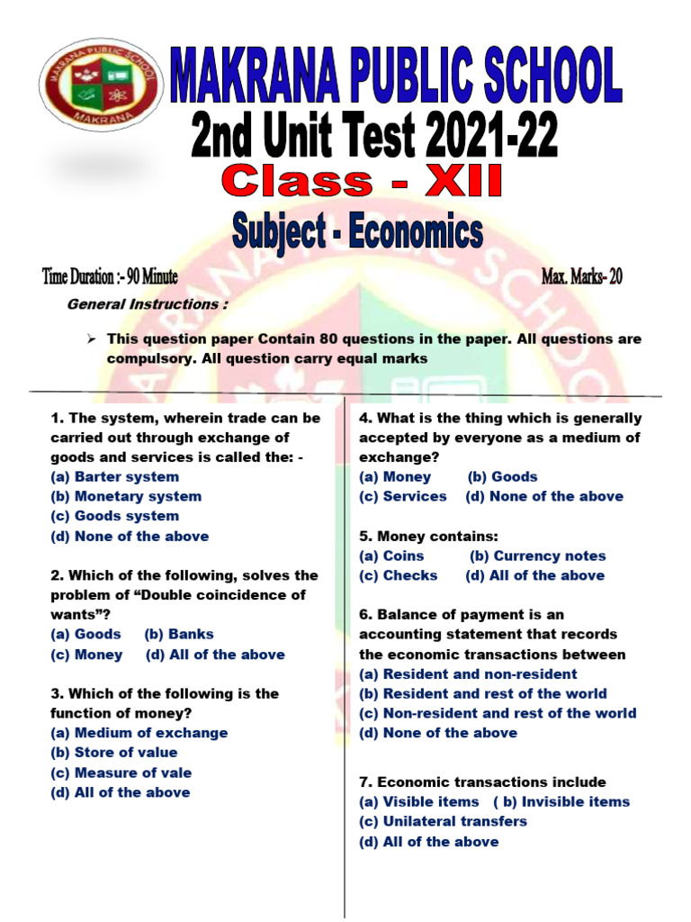 Economics 2nd Unit Test Paper Class XII | PDF