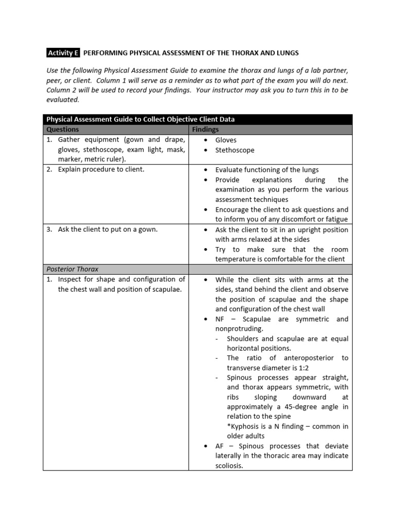 Physical Assessment Guide THORAX AND LUNGS With Steps PDF | PDF