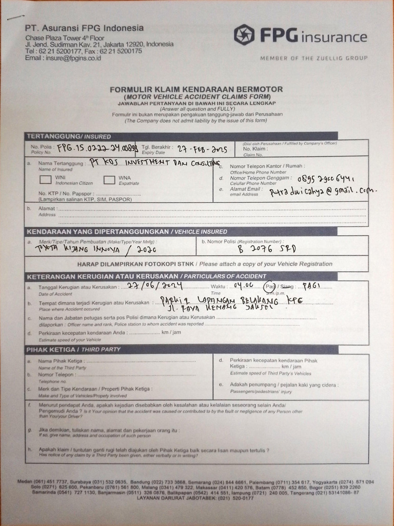 Claim Asuransi FPG - B 2076 SRD | PDF