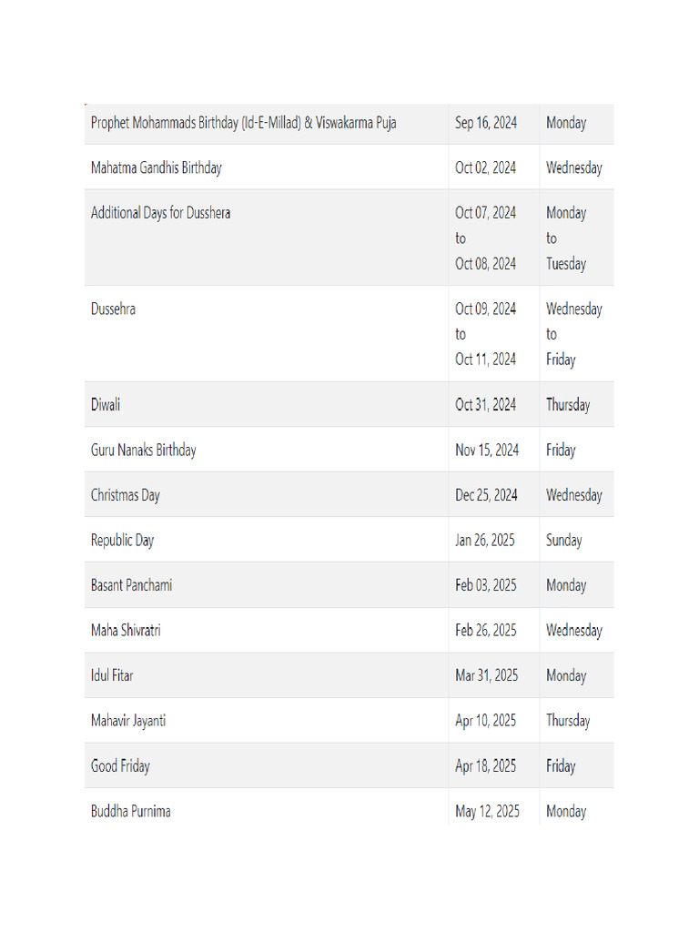 Holiday list pdf