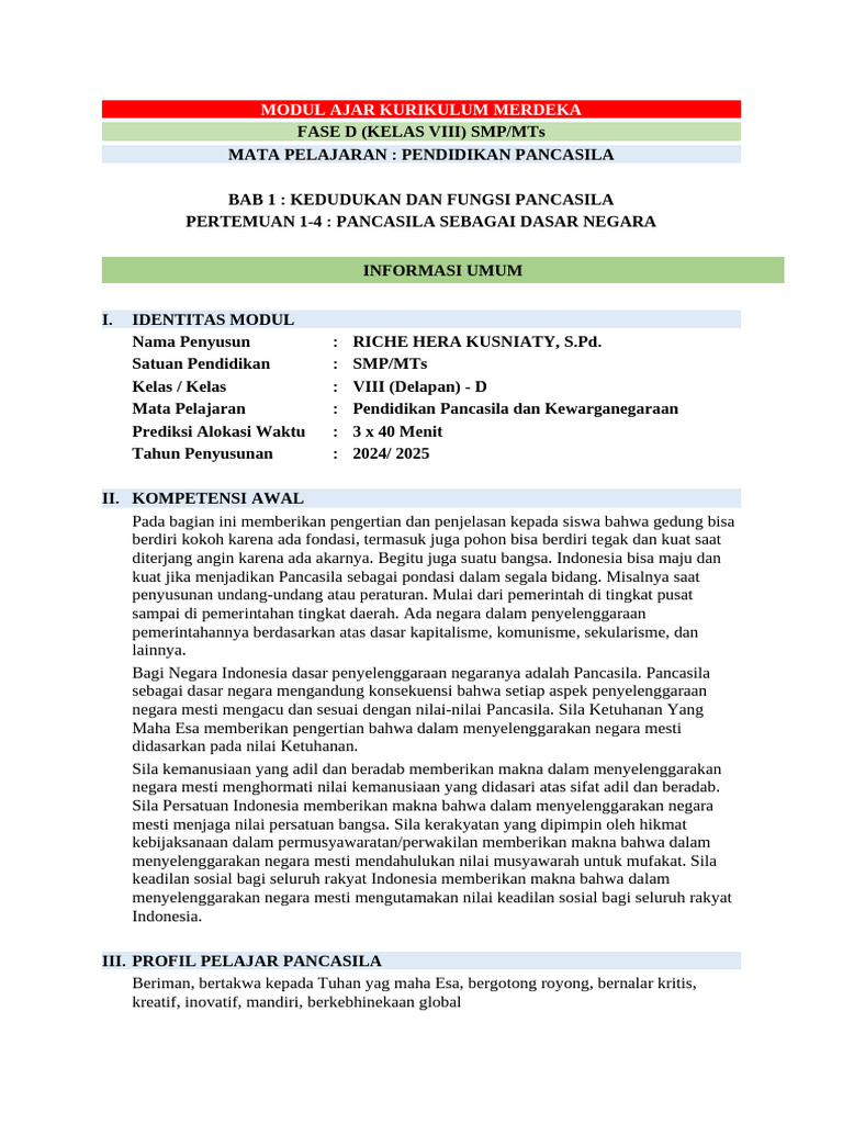 Modul Ajar Kelas 8 Bab 1 Pdf
