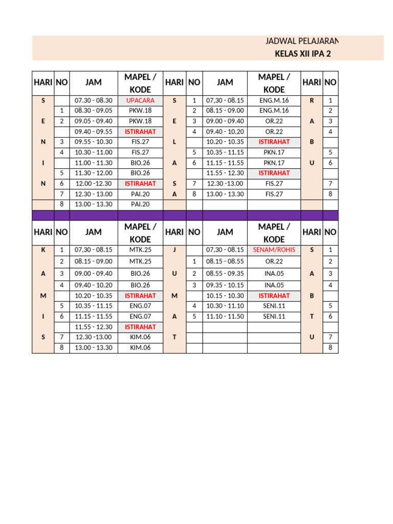 Jadwal Pelajaran Kelas Xii Ipa 2 | PDF