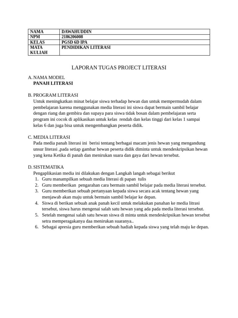 09 - 6d - Dawahuddin - Laporan Tugas Project Pendidikan Literasi | PDF