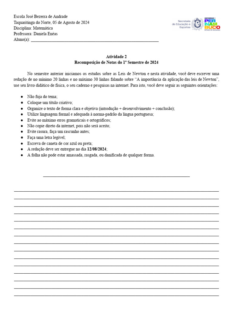 Atividade 2 (Recomposição Da Aprendizagem) - 1º Ano E | PDF