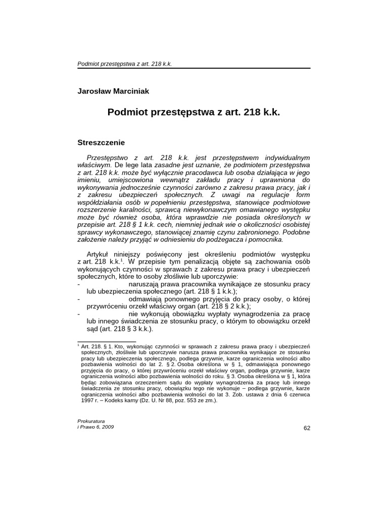 Podmiot Przestępstwa Z Art 218 KK | PDF
