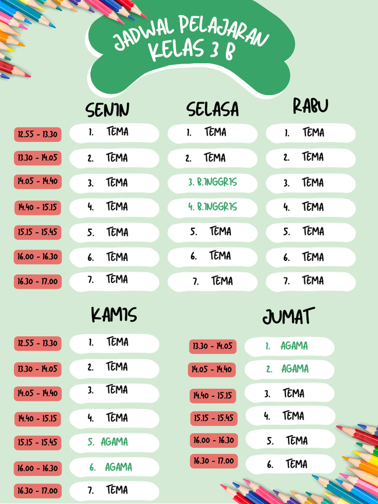 Hijau Merah Imut Jadwal Pelajaran Dokumen A4 | PDF