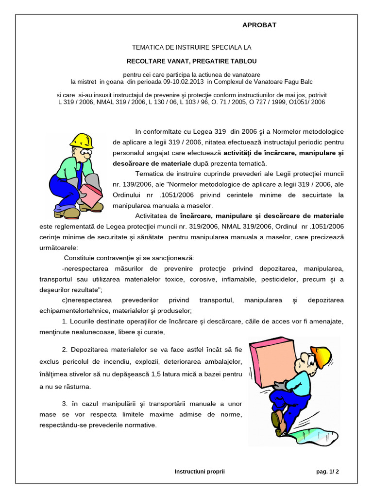 Instructiuni Proprii Manipulare Vanat | PDF