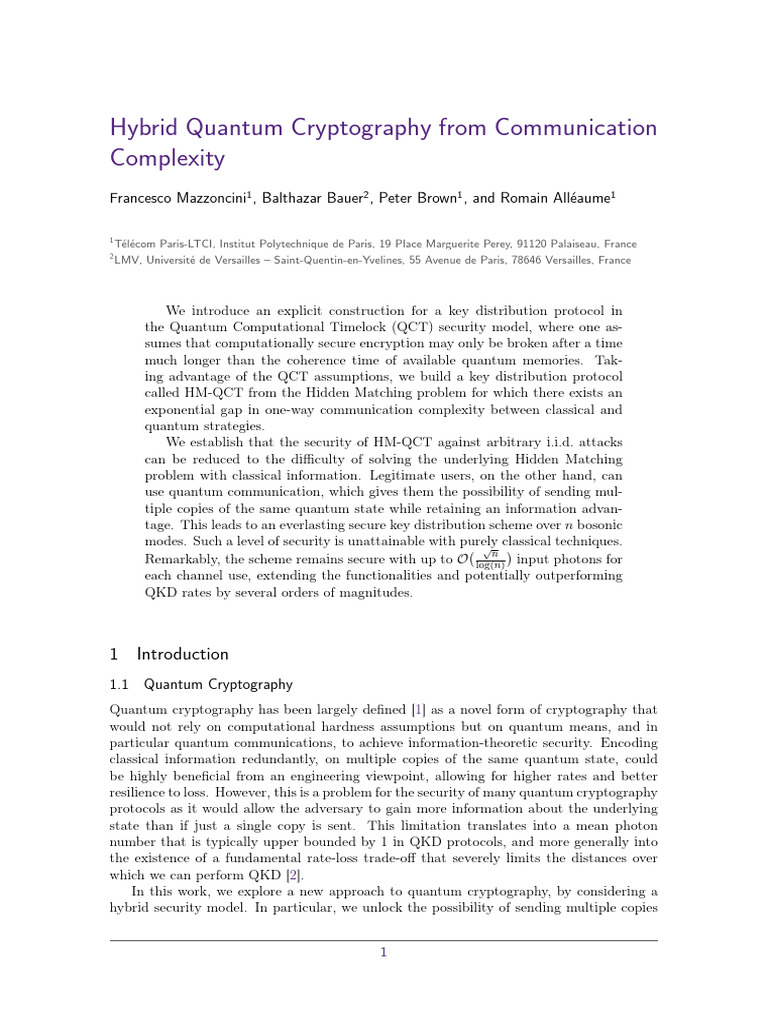Hybrid Quantum Cryptography From Communication Complexity | PDF
