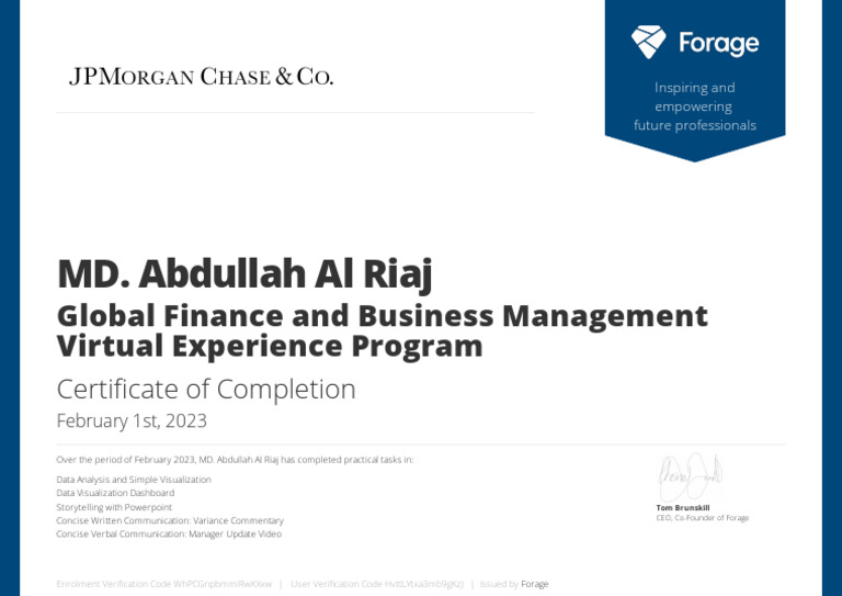 JPMorgan Chase & Co. Certificate of Abdullah Al Riaz | PDF