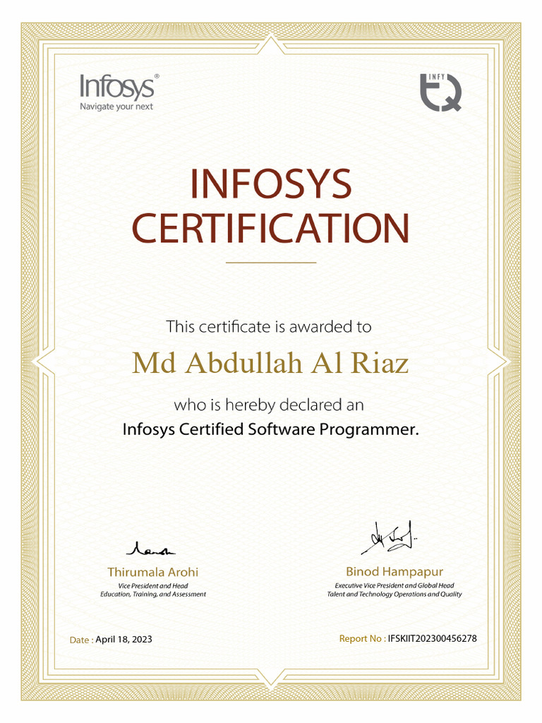 Infosys Certification - Abdullah Riaz | PDF